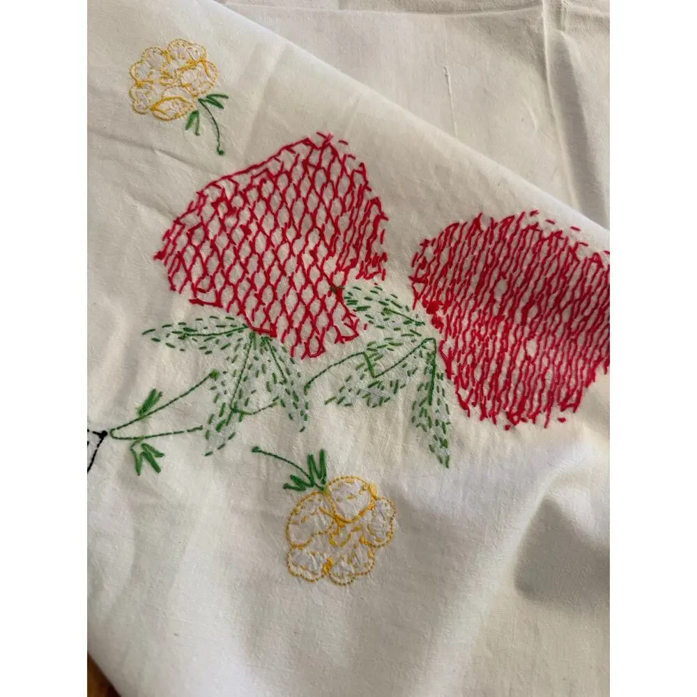 Vintage Hand Embroidered Strawberry Tablecloth White Cottagecore 50 x 50 OOAK